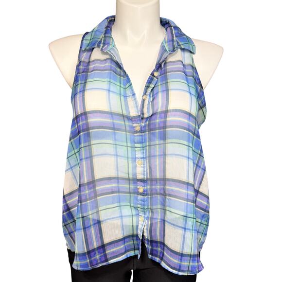 Aeropostale Tops - Aeropostale Womens Sheer Button Down Blouse Tank Top Split Back Blue Plaid XL